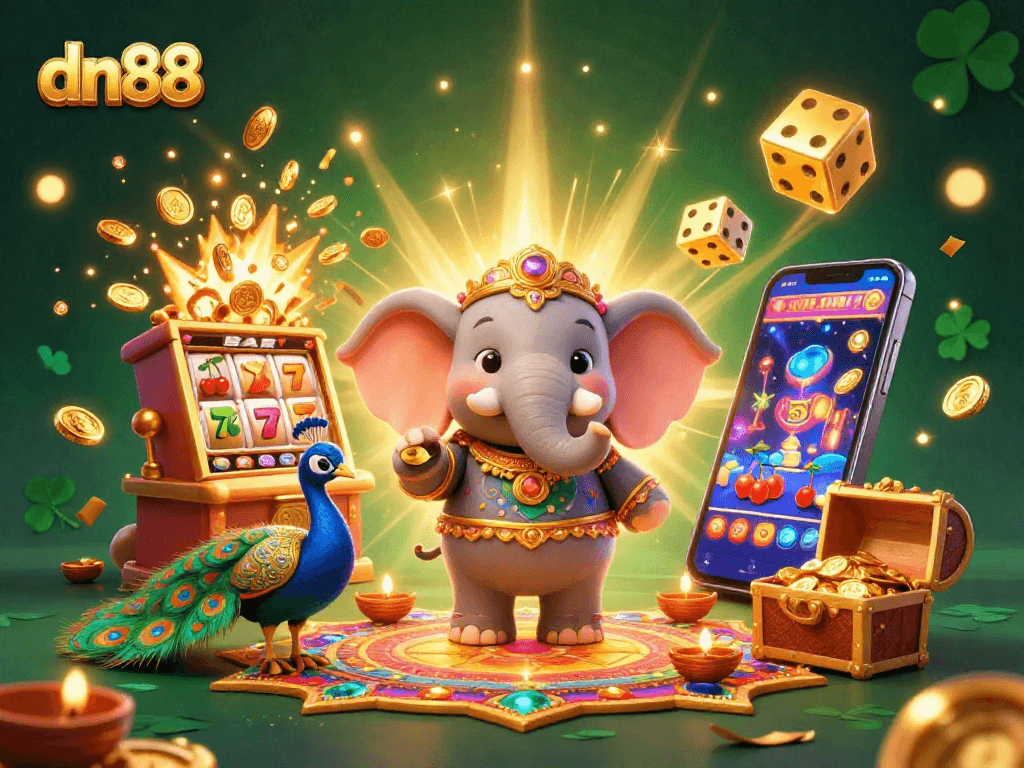 Experience the excitement of dn88's casino games with vibrant characters and jackpot elements in this dynamic illustration.