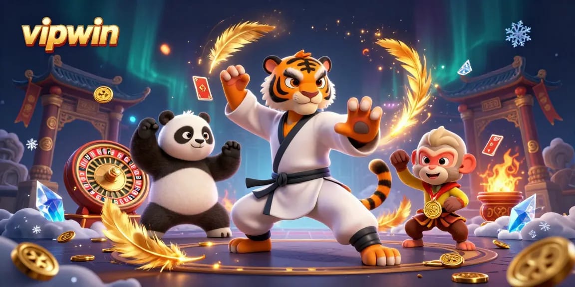 Experience thrilling gaming action at vipwin with a kung fu tiger master and friends amidst a vibrant casino scene.