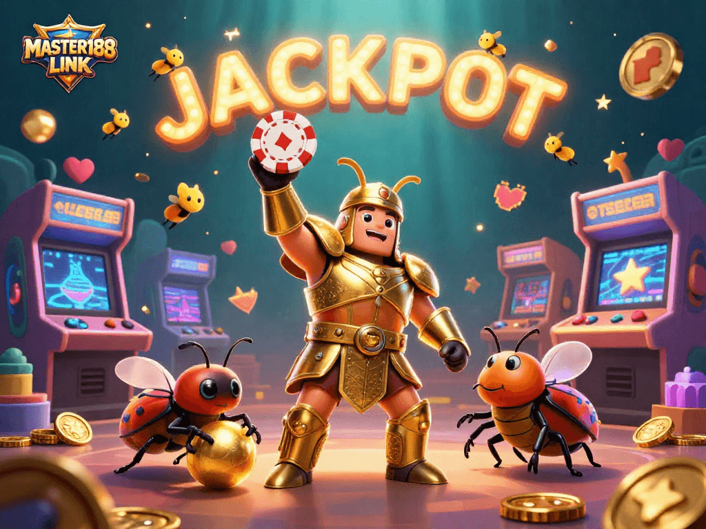 Celebrating wins at MASTER188 LINK with character action and vibrant casino elements.