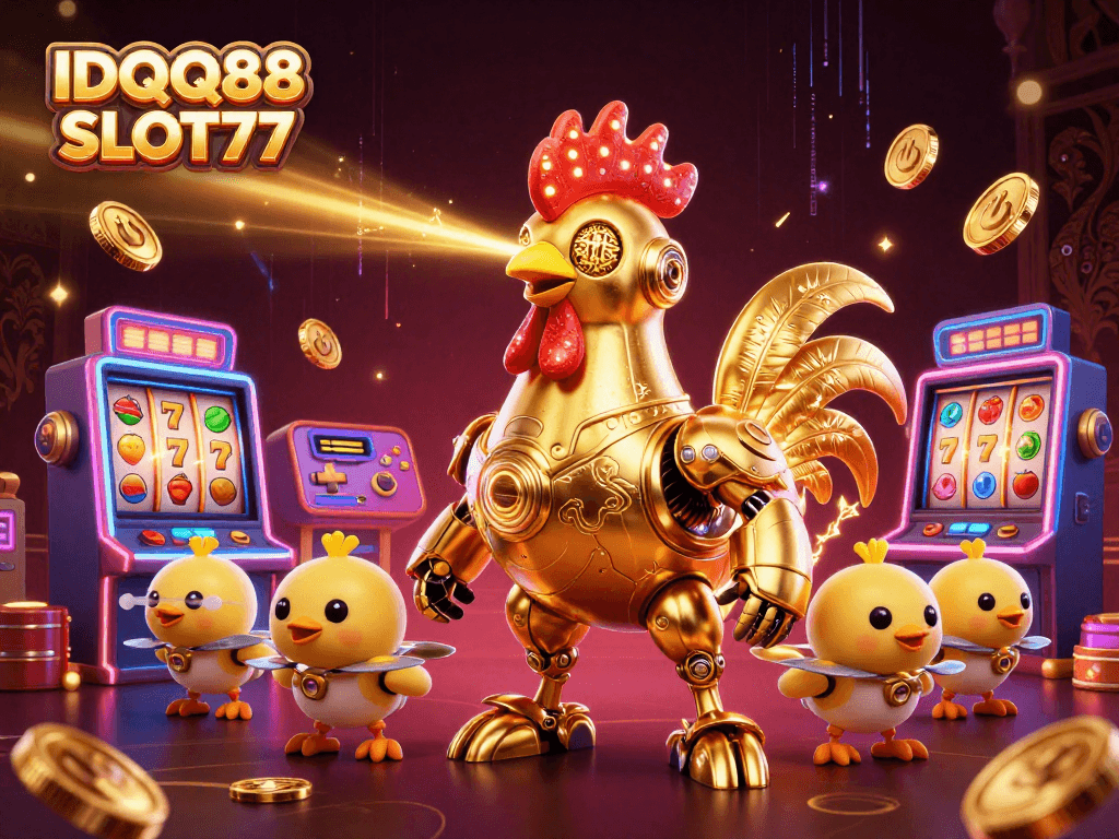 Experience thrilling gameplay with IDQQ88 SLOT77’s intense action featuring a futuristic rooster robot.