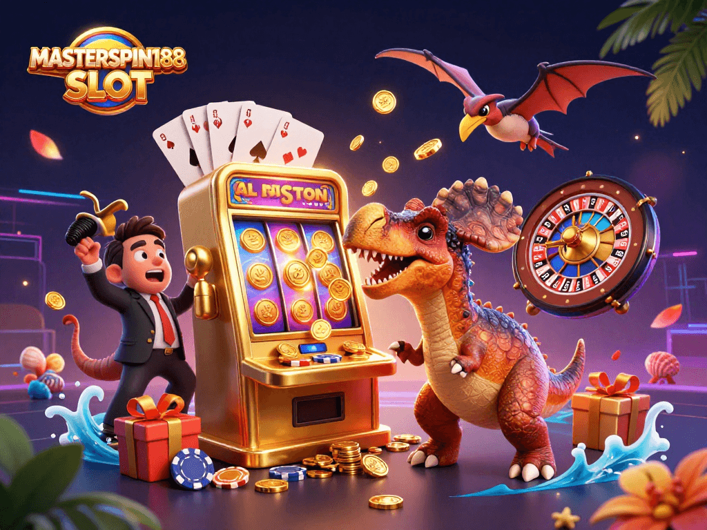 Engage with the thrill of MASTERSPIN188 SLOT as a pachycephalosaurus wins jackpots in a vibrant casino setting.