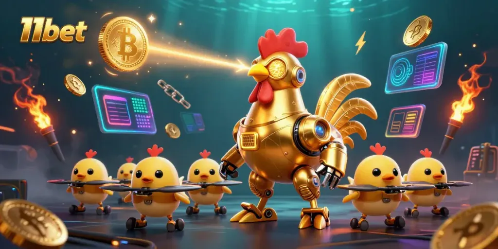 Engage with thrilling games and promotions at 11bet, featuring a dynamic 3D casino scene with a golden rooster robot.