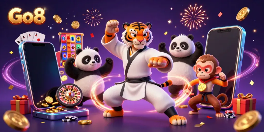 Engage in thrilling Go8 casino adventures with animated characters in a vibrant celebration scene.