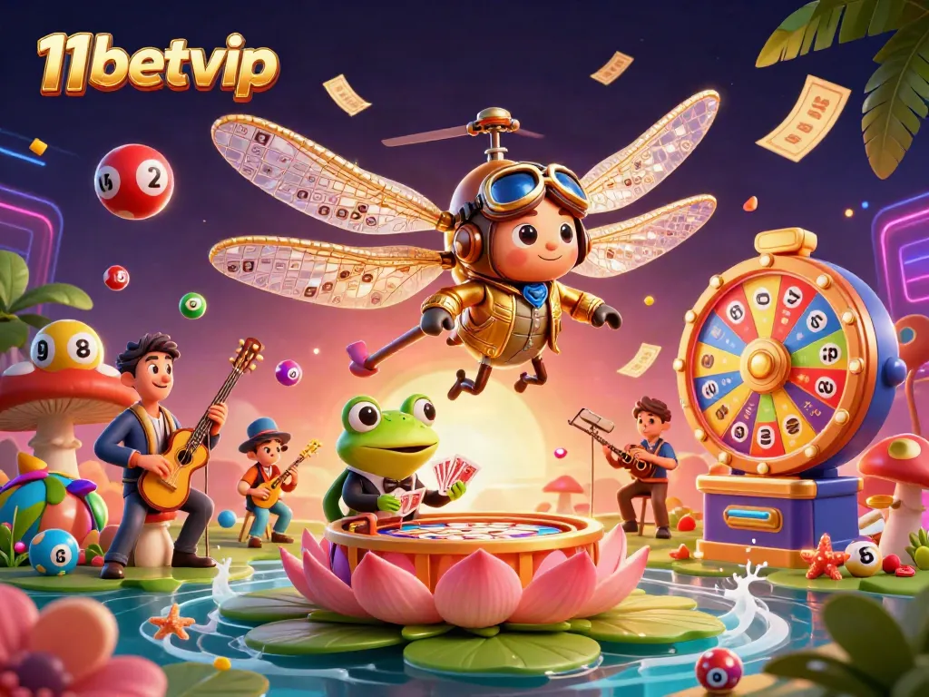 Engage with the vibrant 11betvip casino scene featuring a dragonfly pilot and frog croupier amidst a dynamic game environment.
