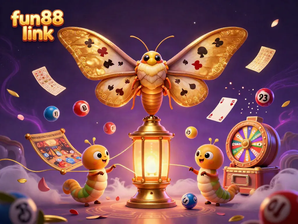 Experience the excitement of fun88 link with a dazzling display of casino-themed illustrations, showcasing vibrant gaming elements and a majestic moth.