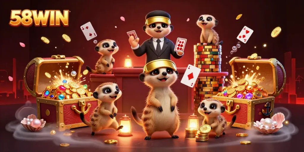 Experience thrilling moments at 58WIN casino with meerkats in a lively gaming scene.