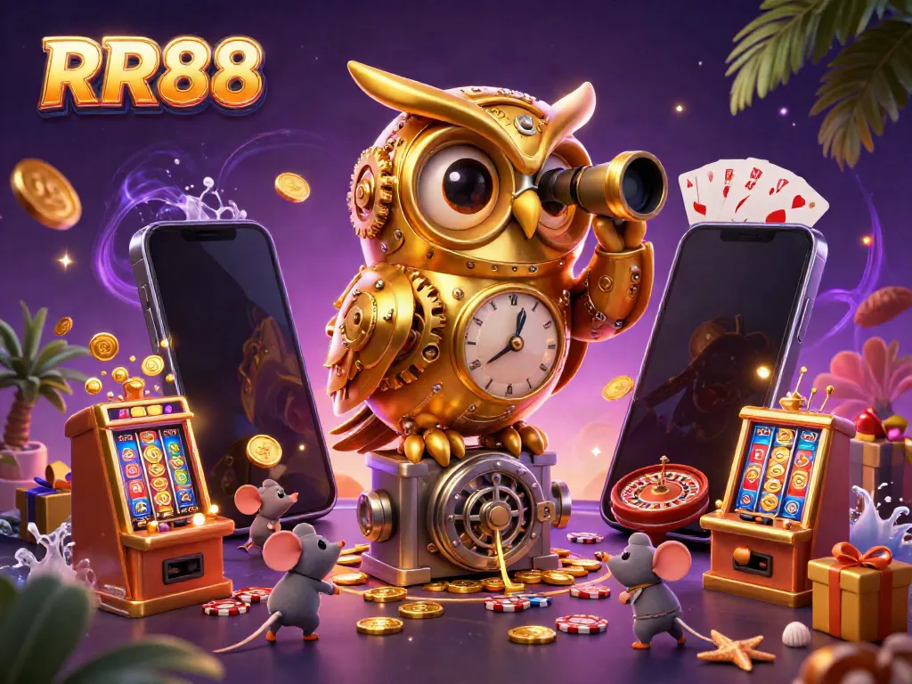 Experience the excitement of RR88 with a golden owl overseeing vibrant casino games in a detailed 3D illustration.