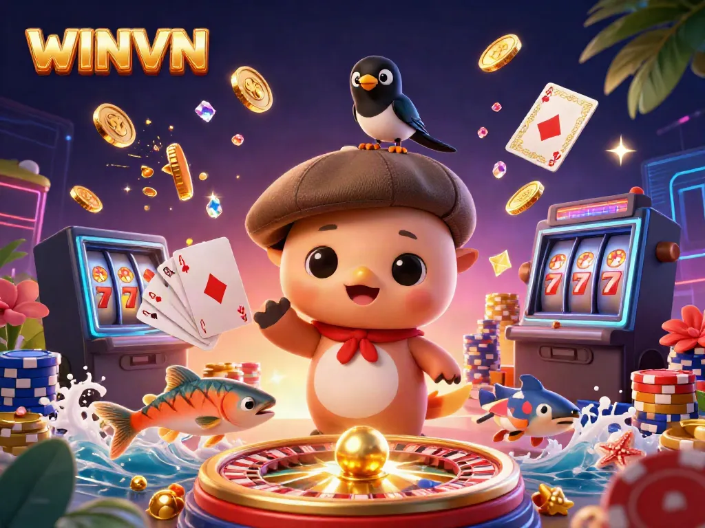WINVN illustrates vibrant casino excitement with Nessie and friends, sparkling gems, and golden coins.