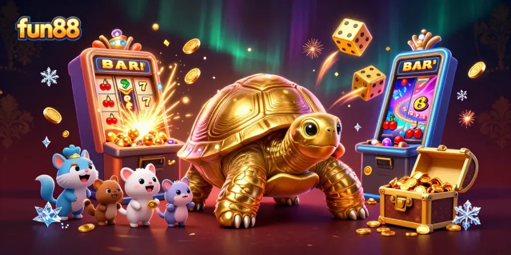 Experience thrilling slots at fun88 with a lively illustration of a golden tortoise pinball machine.