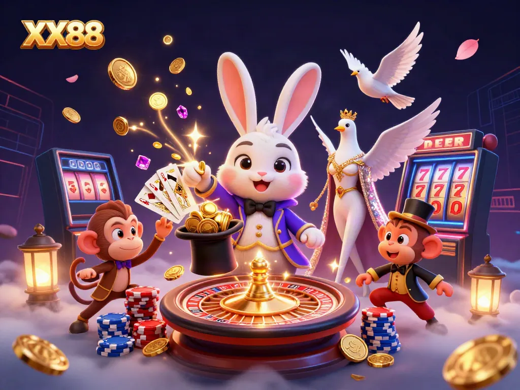 Engage in vibrant casino fun at XX88 with a cartoon magician, dove, and monkey amidst golden coins and sparkling gems.
