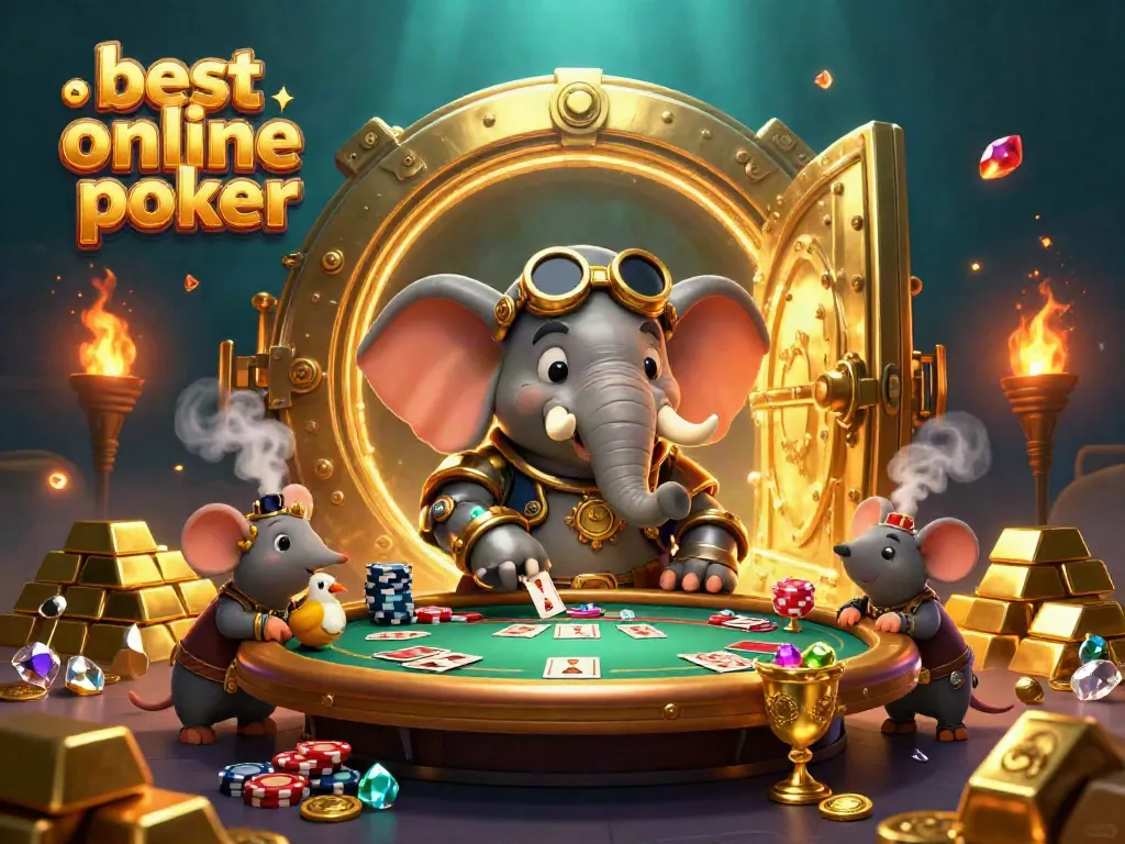 Experience the best online poker with a steampunk elephant amid golden treasures and rich card games.