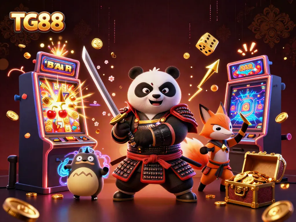 Experience the thrill of TG88 casino gaming with a dynamic scene featuring cartoon characters and jackpot elements.