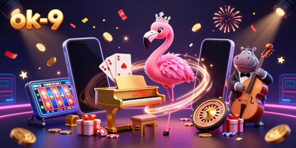 Experience an exciting casino atmosphere with ok-9 as a flamingo singer and hippo bassist create fun moments.