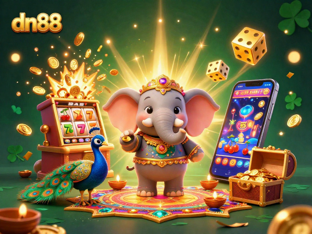 Experience the excitement of dn88's casino games with vibrant characters and jackpot elements in this dynamic illustration.
