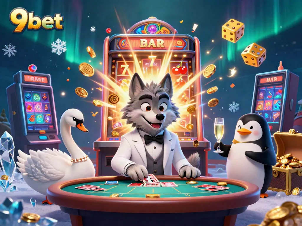 Engage with 9bet's lavish gaming scene featuring lively characters and vibrant casino elements.