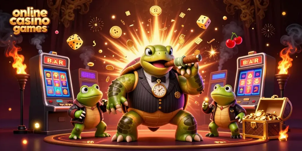 Engaging 3D illustration showcasing online casino games with a snapping turtle in a mobster suit and frog enforcers.