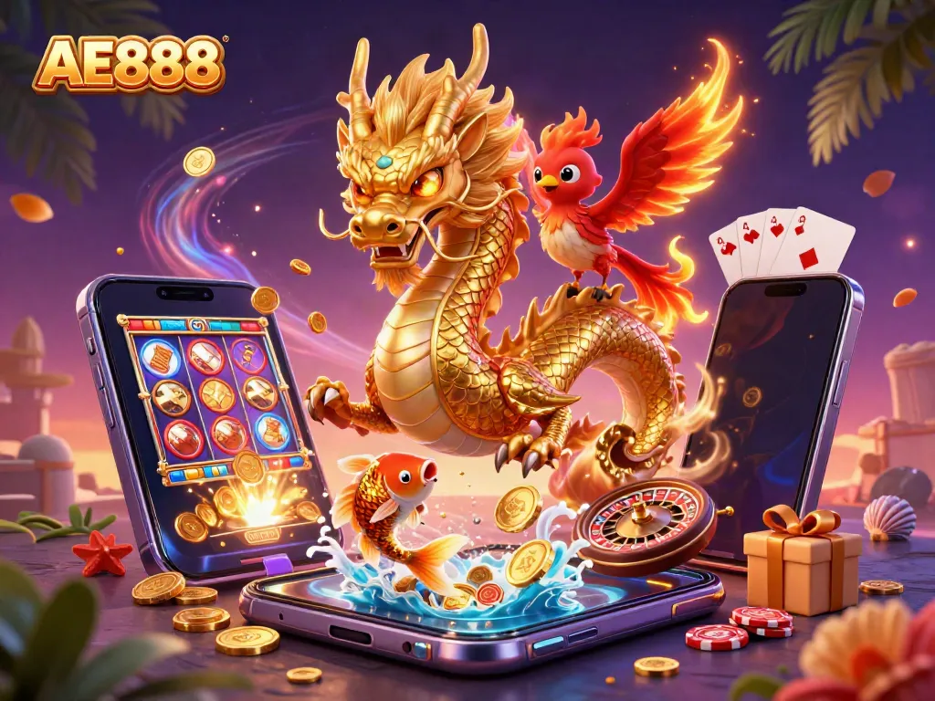 Experience the thrilling world of AE888 with dynamic gaming action, featuring a golden dragon and vibrant slot elements.