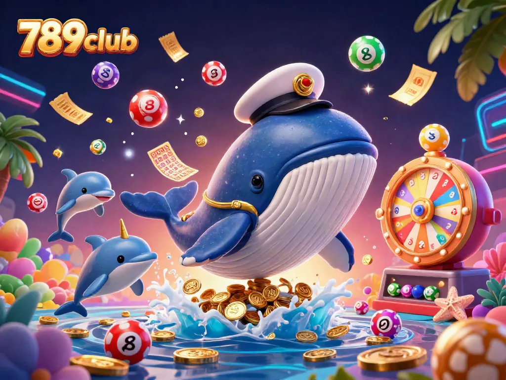 Join the 789club adventure with playful dolphins, a captain whale, and vibrant lottery elements.