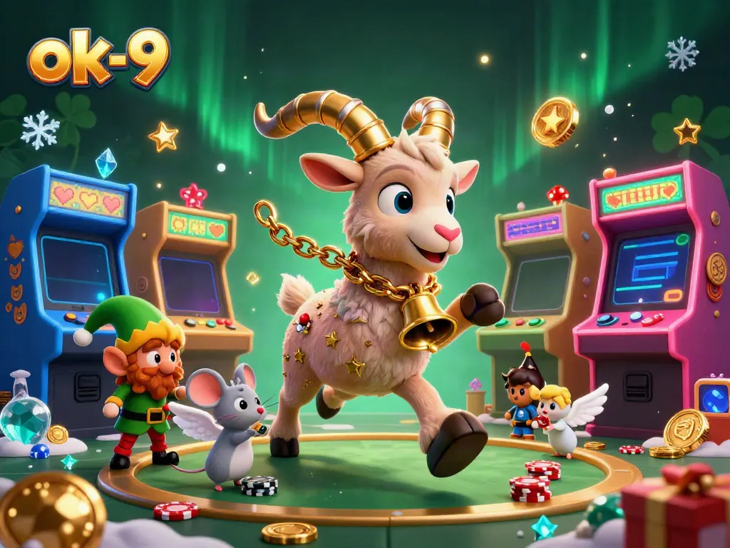 Experience thrilling games at ok-9, where a festive casino ambiance meets playful characters.