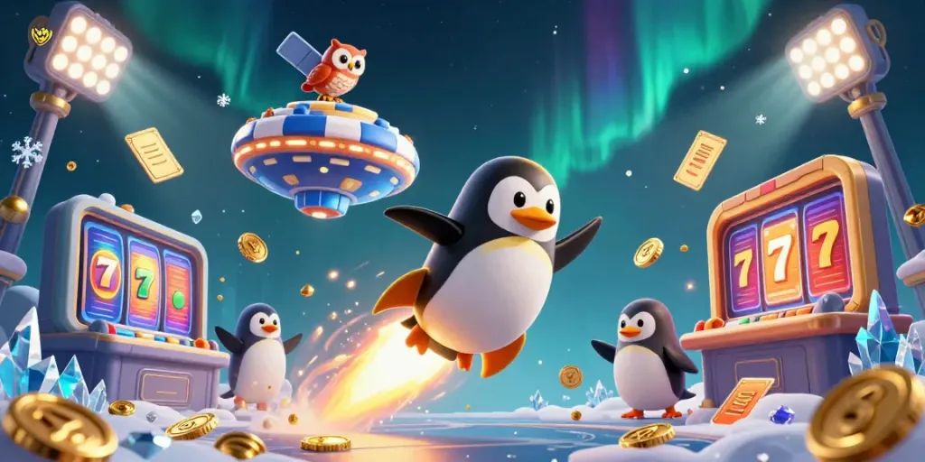 Experience thrilling gameplay at Kuwin with the gold-laden penguin racing towards a vibrant casino.