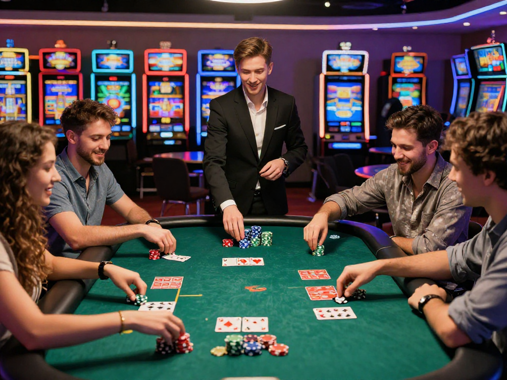 Giocatori felici in un casino non AAMS sicuri mentre partecipano a un gioco di poker dal vivo con un dealer amichevole.