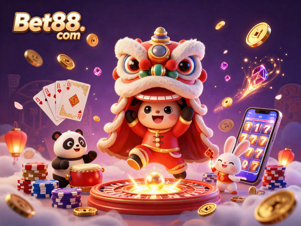 Bet88. com showcases lively characters in a vibrant casino scene filled with golden coins and gems.