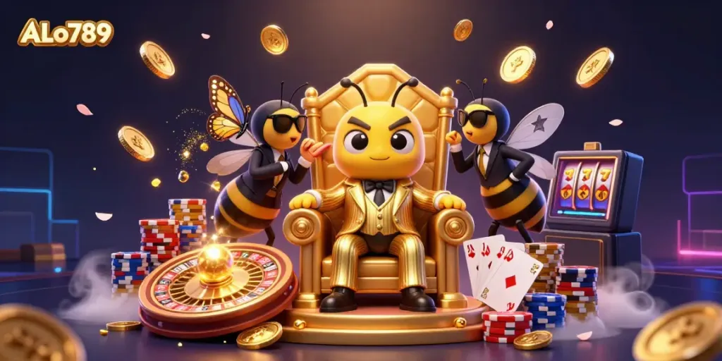Experience thrilling action at ALo789 with a dynamic scene of animated characters surrounded by casino elements and excitement.