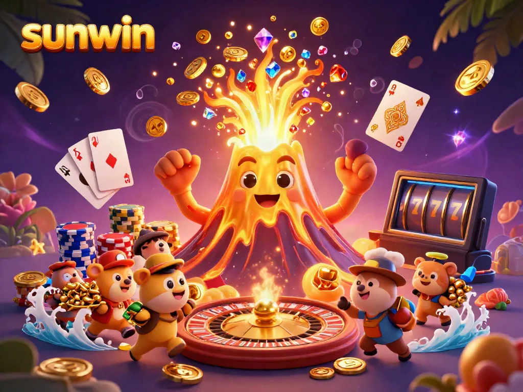 Experience sunwin's casino excitement with a golden volcano erupting treasures and vibrant gaming elements.