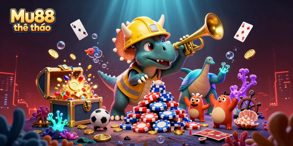 Mu88 thể thao showcases a lively dinosaur scene with sports betting themes and vibrant underwater gems.