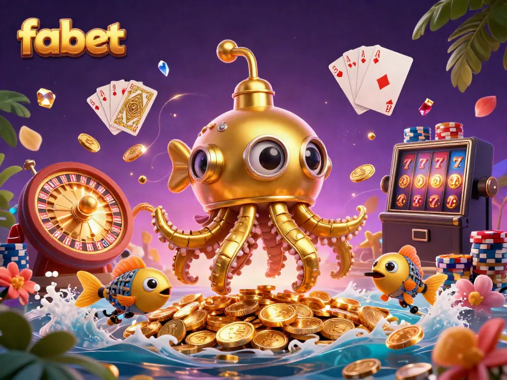 Experience the thrilling world of fabet with an ultra-detailed 3D illustration showcasing a golden kraken rising through a sea of coins and vibrant game elements.