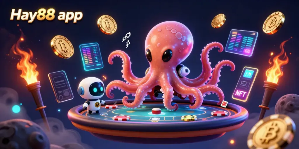 Engage with the Hay88 app in a vibrant 3D alien casino scene filled with crypto-themed elements.