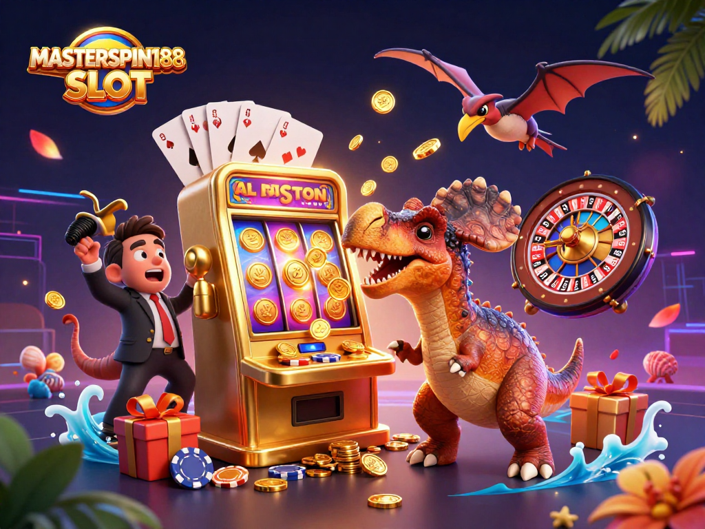 Engage with the thrill of MASTERSPIN188 SLOT as a pachycephalosaurus wins jackpots in a vibrant casino setting.