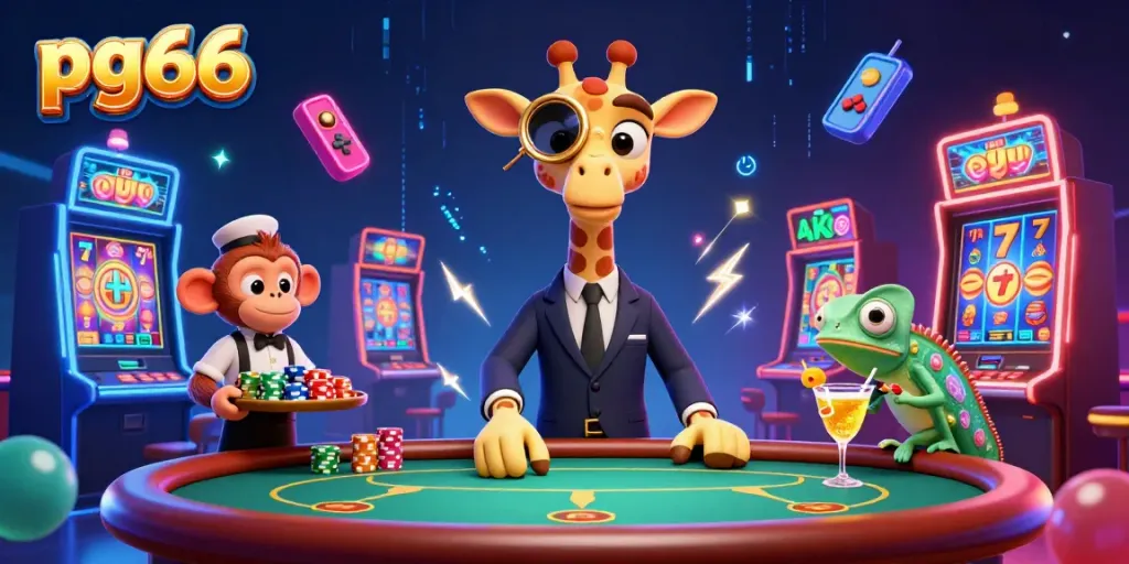 Experience excitement with pg66 at the casino, led by a stylish giraffe at a poker table amidst vibrant slot machines.