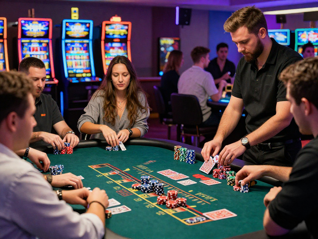 Giocatori entusiasti ai tavoli di un casino non AAMS sicuri, vivace atmosfera di gioco.