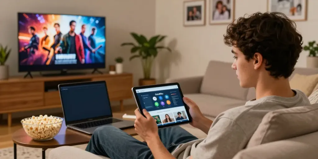 Enjoying movies on the Cocoflix app in a cozy living room