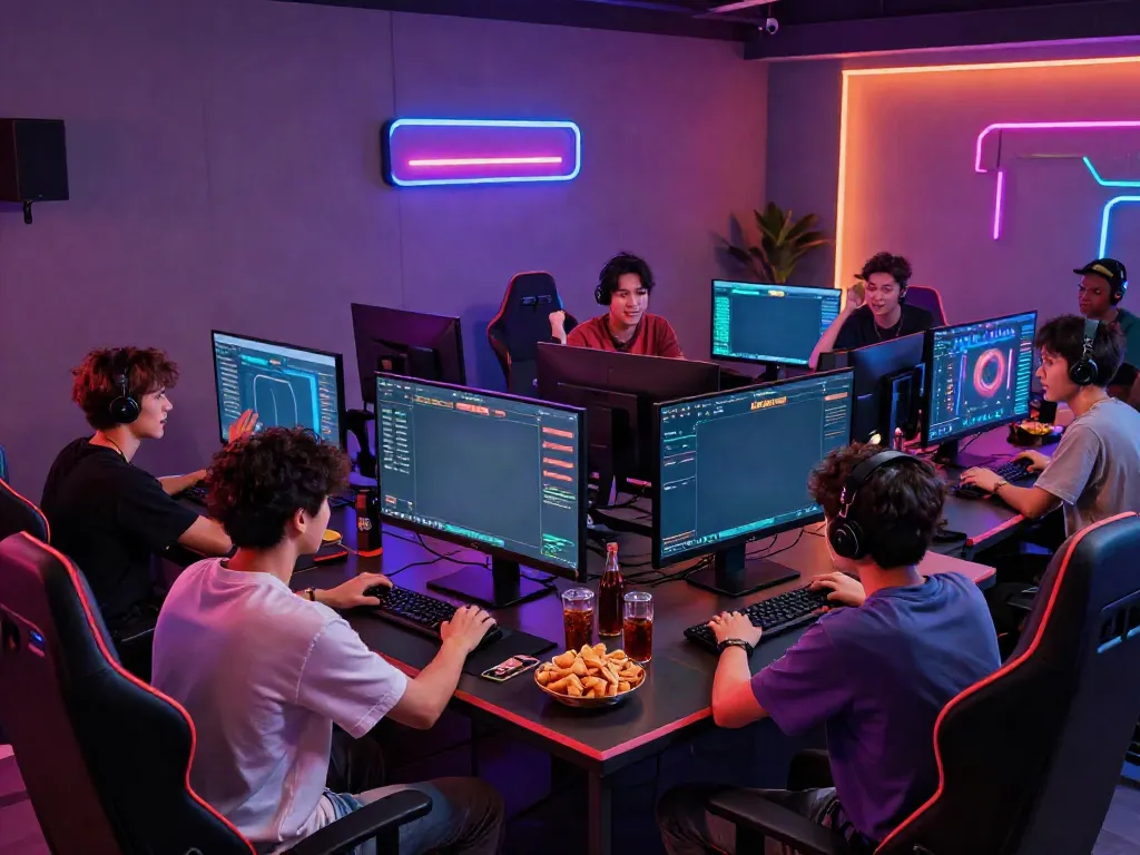 Friends experiencing the NET88 online gaming platform in a lively gaming setup
