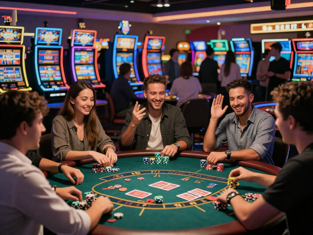 Giocatori al casinò non AAMS sicuri sorridenti mentre festeggiano una vittoria in un'atmosfera vivace e colorata.