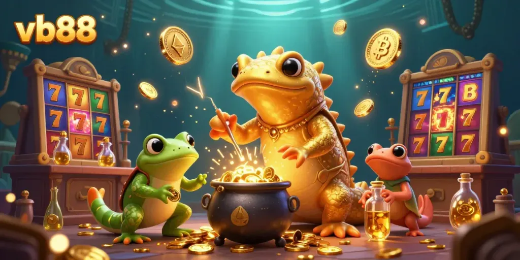 Experience thrilling gameplay at vb88 with immersive 3D casino visuals, featuring vibrant slot reels and gold coins.