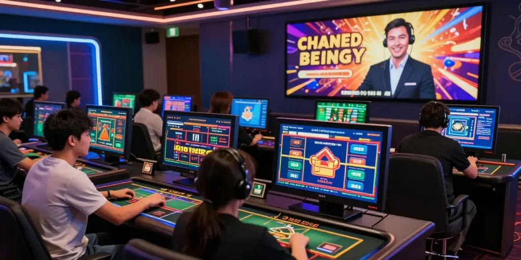 Engaging scene at SV88 online casino with diverse players and vibrant gaming interfaces.