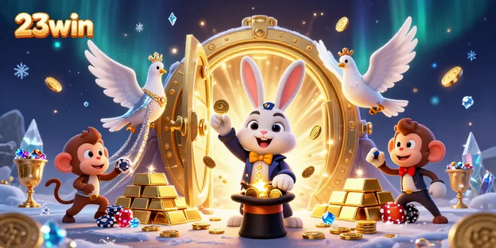 Experience the magic of 23win with the rabbit pulling golden coins in this vibrant casino scene.