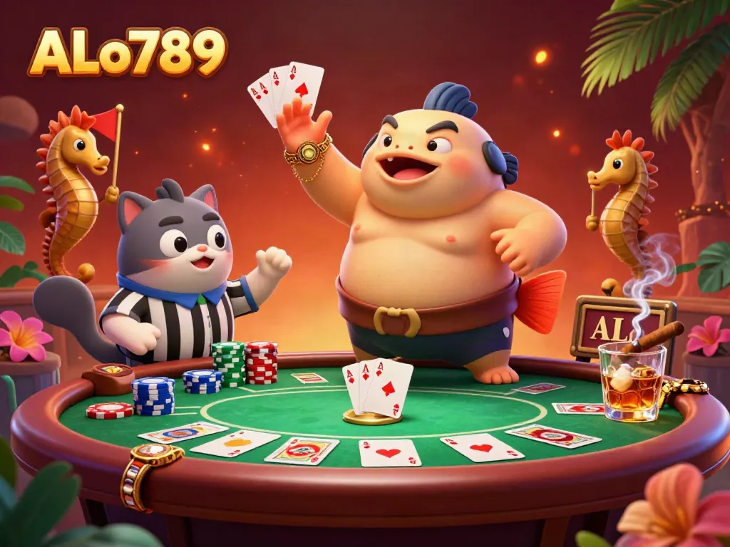 Experience thrilling ALo789 cockfighting with vibrant underwater characters and poker elements.