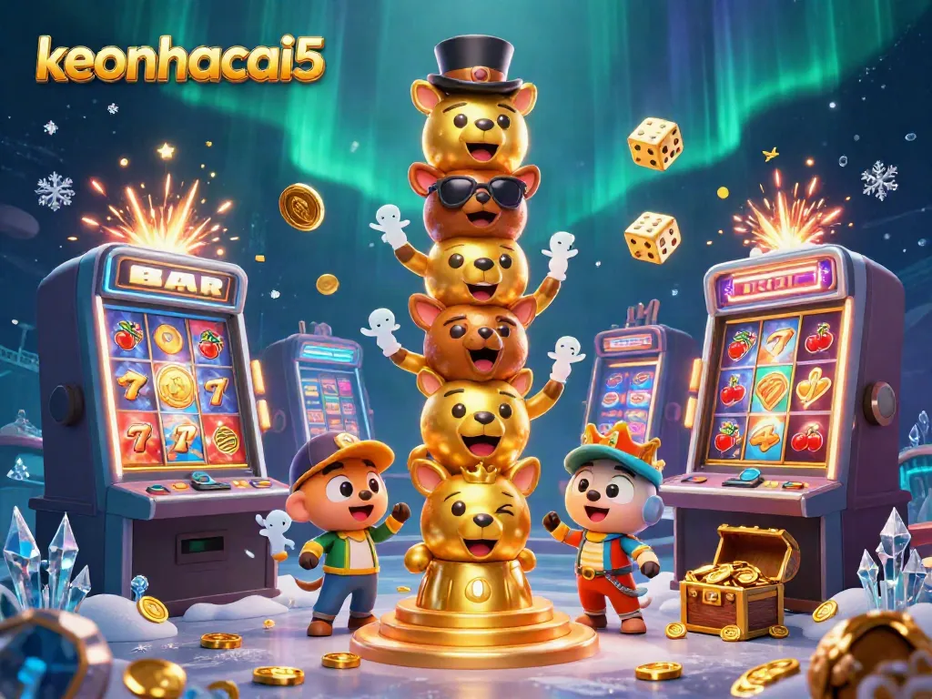 Watch the dynamic keonhacai5 totem pole surrounded by jackpots and colorful casino elements in this vibrant 3D illustration.