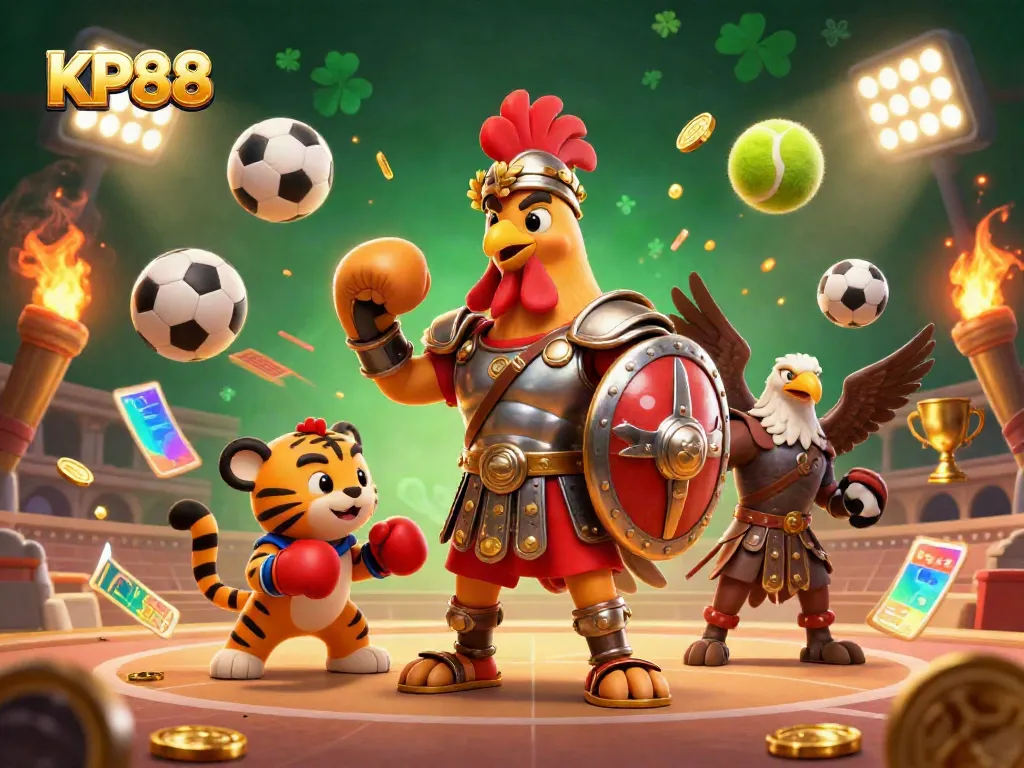 Engage with KP88's thrilling gameplay as a gladiator rooster faces off against a sparring tiger cub.