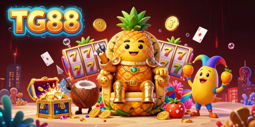 Experience the excitement at TG88 with vibrant 3D casino characters, slot reels, and dynamic treasure elements.