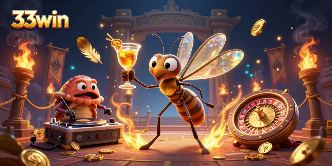 Engage with the vibrant atmosphere of 33win as an amber mosquito mascot holds a golden cocktail amidst casino elements.