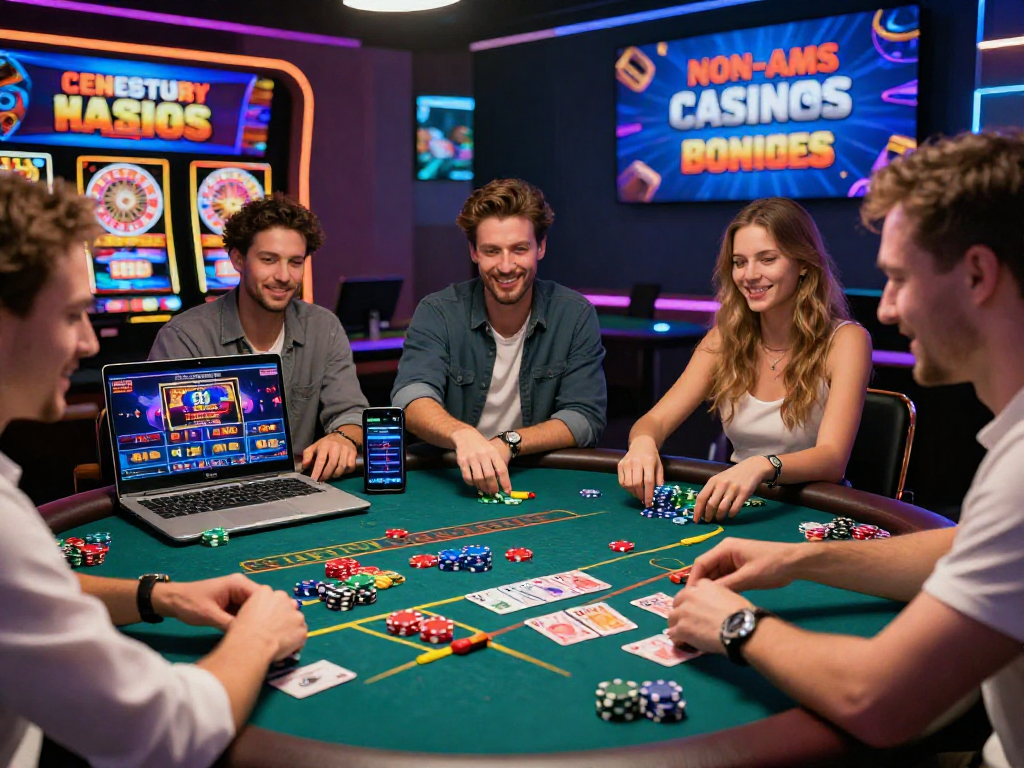 Giocatori felici in un casinò non AAMS sicuro, impegnati in vari giochi da tavolo con promozioni visibili.
