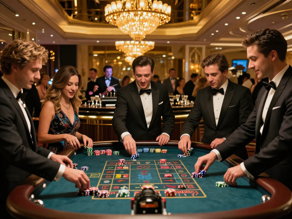 Scene di un casinò non aams sicuri con giocatori entusiasti al tavolo della roulette.