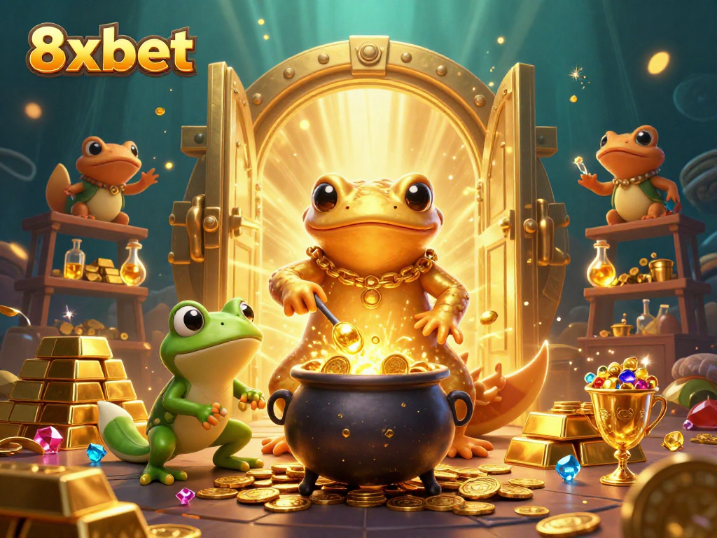Experience 8xbet's enchanting world of gaming as alchemists turn metals into coins amidst rich treasures.