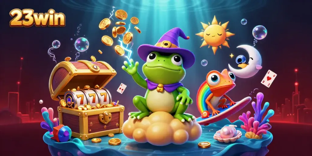 Engage in the vibrant world of 23win with a colorful 3D illustration featuring golden coins, characters, and casino elements.