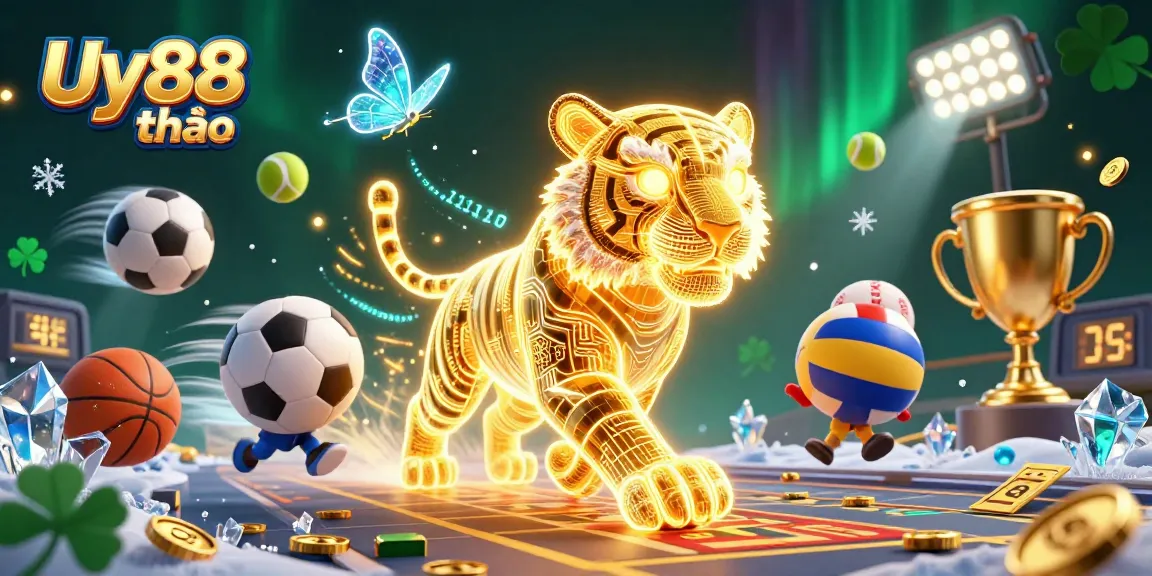 Experience Uy88 thể thao dynamic betting with sports balls and a neon tiger in this vibrant casino illustration.